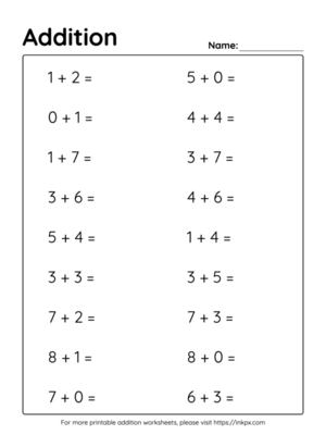 Free Printable Horizontal Kindergarten Addition Worksheet Up to 10