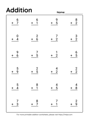 Printable Vertical Kindergarten Addition Worksheet Up to 20(Worksheet#4)