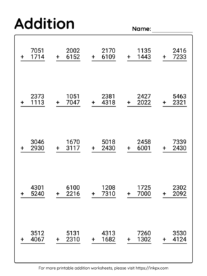Free Printable 4 Digit Addition Worksheet without Regrouping #4