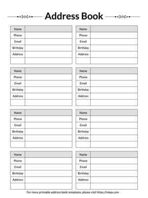Printable Simple Table Style Address Book Template