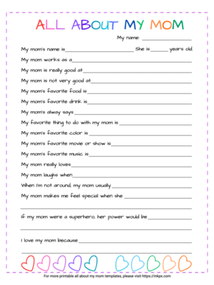 Free Printable Simple Colorful All About My Mom Worksheet