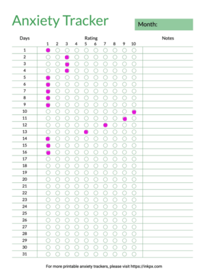 Printable Green Color Open Border Monthly Anxiety Tracker