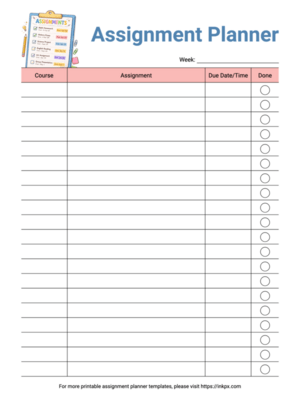 Free Printable Colorful Plain Assignment Planner Template