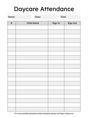 Free Printable Single Day Black and White Daycare Attendance Sheet Template