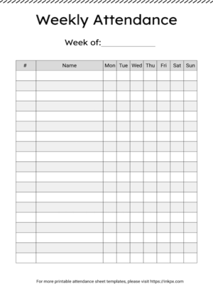 Free Printable Simple Black and White Weekly Attendance Sheet Template