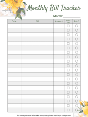 Free Printable Minimalist Colorful Monthly Bill Tracker Template
