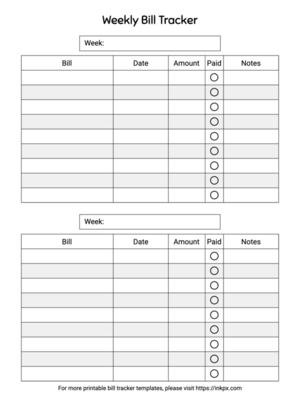 Free Printable Minimalist Black and White Weekly Bill Tracker Template