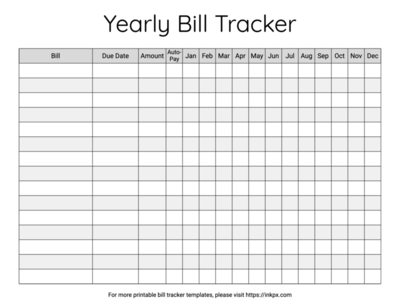 Free Printable Minimalist Black and White Yearly Bill Tracker Template