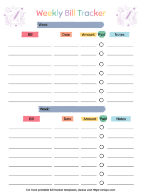 Free Printable Classic Style Rainbow Color Weekly Bill Tracker Template