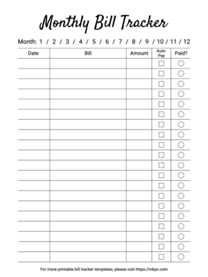 Printable Minimalist Black and White Open Border Monthly Bill Tracker Template