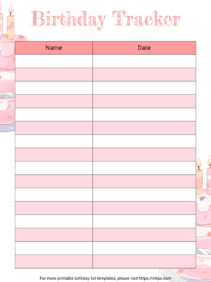 Free Printable Pink Dream Birthday Tracker Template