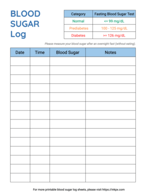 Free Printable Colorful Fasting Blood Sugar Log Sheet (Big Space, Elder-Friendly)