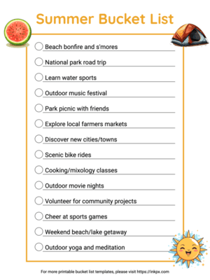Free Printable Colorful Summer Bucket List Template with Ideas