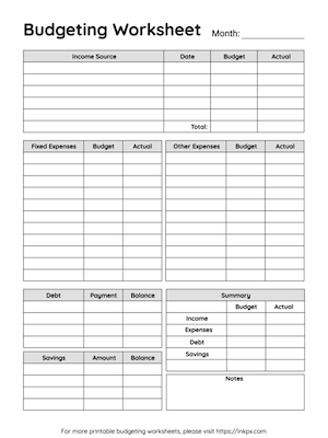 Free Printable Black and White Table Style Monthly Budget Worksheet Template