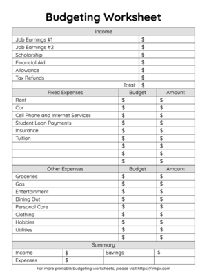 Free Printable Simple Student Budgeting Worksheet