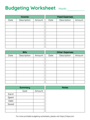 Printable Colorful Monthly Budgeting Planner Worksheet