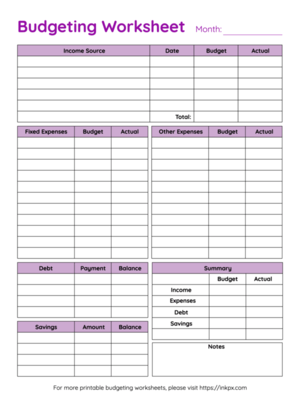Free Printable Colorful Table Style Monthly Budget Worksheet Template