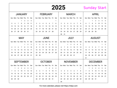 Free Printable Minimalist Table 2025 Yearly Calendar (Landscape, Sunday Start)