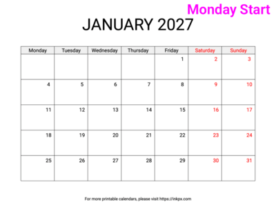 Free Printable Weekend Highlighted January 2027 Calendar (Monday Start)