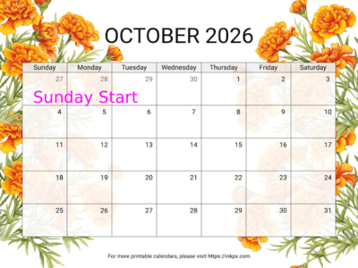 Free Printable Marigold October 2026 Calendar (Sunday Start)