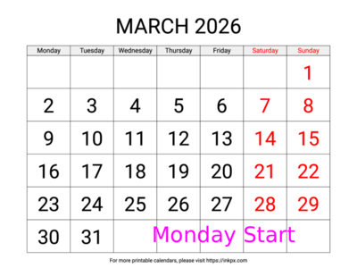 Free Printable Large Weekend Highlighted March 2026 Calendar (Monday Start)