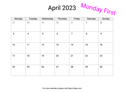 Printable Blank April 2023 Calendar (Monday First)