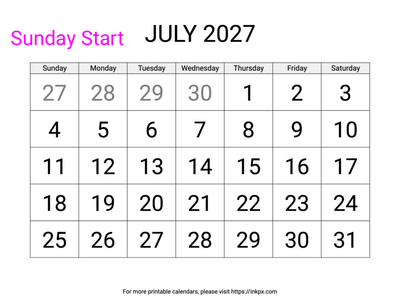 Free Printable Large Font July 2027 Calendar (Sunday Start)