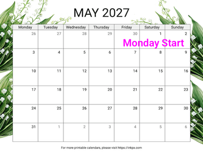 Free Printable Lily of the Valley May 2027 Calendar (Monday Start)