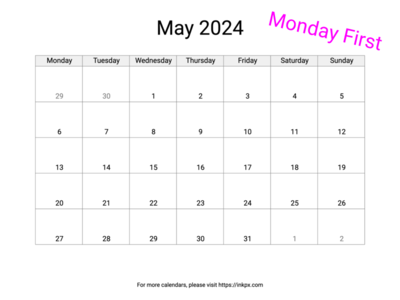 Printable Blank May 2024 Calendar (Monday First)