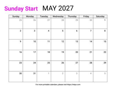 Free Printable Simple May 2027 Calendar (Sunday Start)