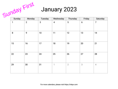 Printable Blank January 2023 Calendar (Sunday First)