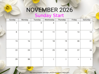 Free Printable Narcissus November 2026 Calendar (Sunday Start)