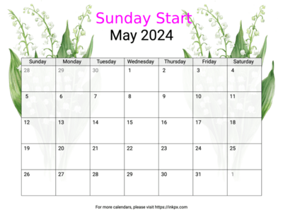 Printable Lily of the Valley May 2024 Calendar (Sunday Start)