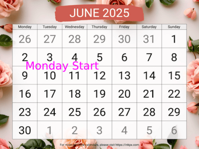 Free Printable Large Rose Background June 2025 Calendar (Monday Start)