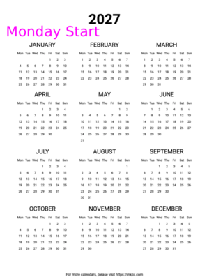 Free Printable Minimalist 2027 Yearly Calendar (Monday Start)