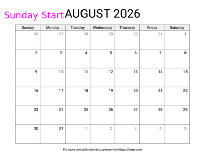 Free Printable Simple August 2026 Calendar (Sunday Start)