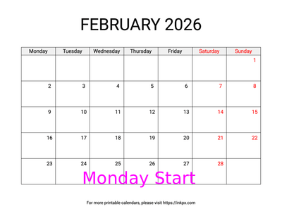 Free Printable Weekend Highlighted February 2026 Calendar (Monday Start)