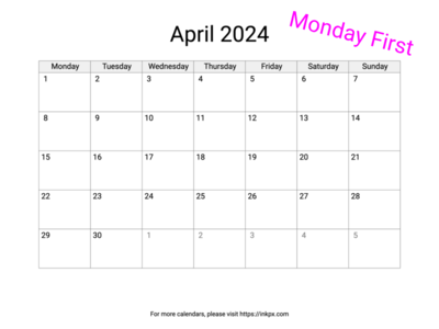 Printable Blank April 2024 Calendar (Monday First)
