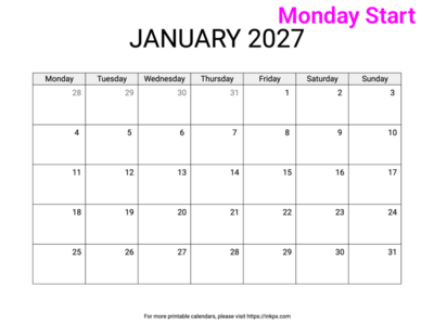 Free Printable Simple January 2027 Calendar (Monday Start)
