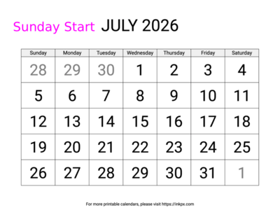 Free Printable Large July 2026 Calendar (Sunday Start)