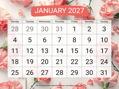 Free Printable Carnation Background Large January 2027 Calendar (Monday Start)