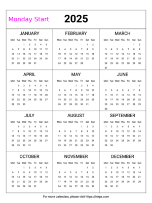 Free Printable Minimalist Table 2025 Calendar (Monday Start)