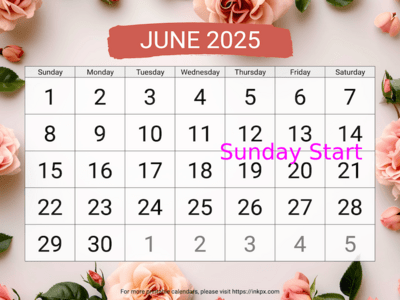 Free Printable Large Rose Background June 2025 Calendar (Sunday Start)