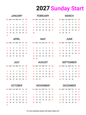 Free Printable Weekend Highlight 2027 Calendar (Sunday Start)