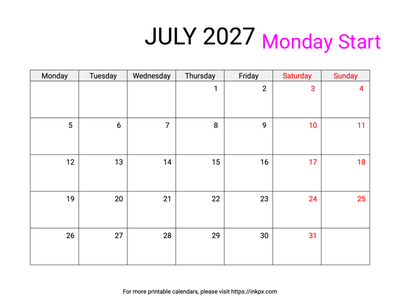 Free Printable Weekend Highlighted July 2027 Calendar (Monday Start)