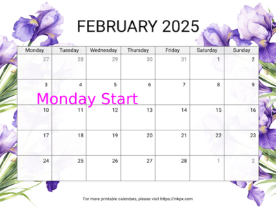 Free Printable Irises February 2025 Calendar (Monday Start)