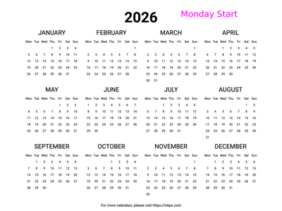 Free Printable Minimalist 2026 Yearly Calendar (Landscape, Monday Start)