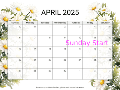 Free Printable Daisy April 2025 Calendar (Sunday Start)