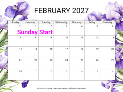 Free Printable Irises February 2027 Calendar (Sunday Start)