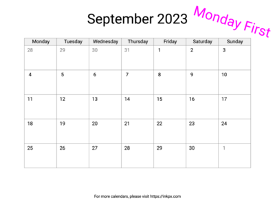Printable Blank September 2023 Calendar (Monday First)